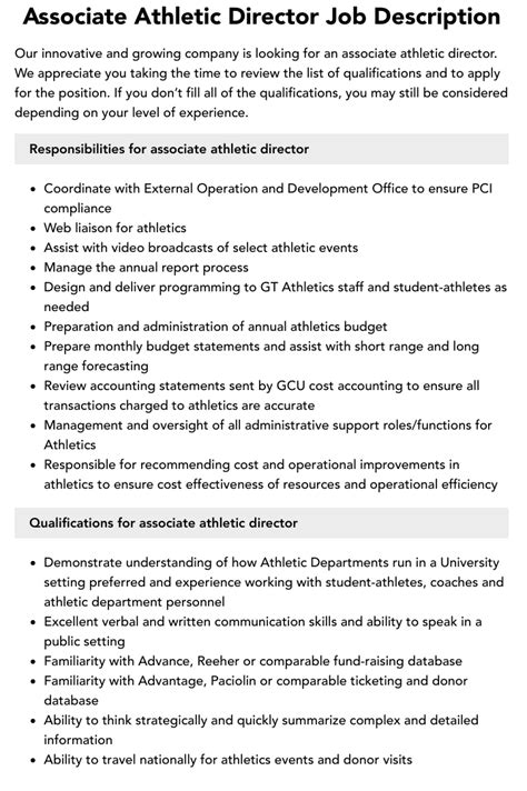 Associate Athletic Director Job Description Velvet Jobs