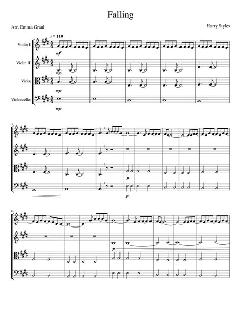 Falling Sheet Music For Violin Viola Cello String Quartet