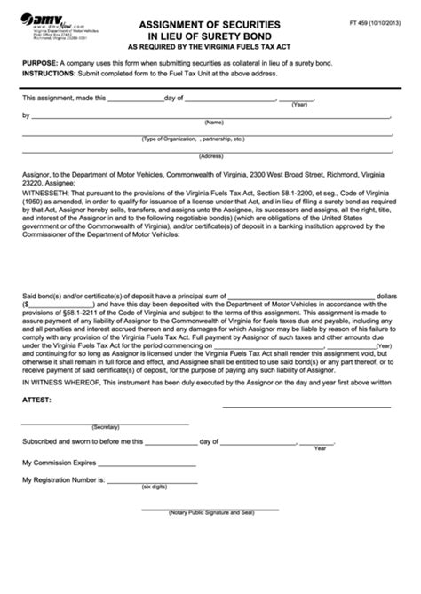 Fillable Form Ft Assignment Of Securities In Lieu Of Surety Bond