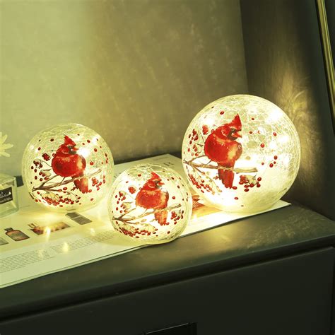 Crackle Glass Ball Cardinal Lamp Light Up Red Bird Stained Glass Christmas Decor Accent Lamp