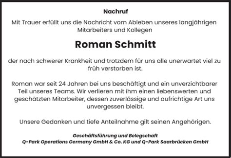 Traueranzeigen Von Roman Schmitt Saarbruecker Zeitung Trauer De