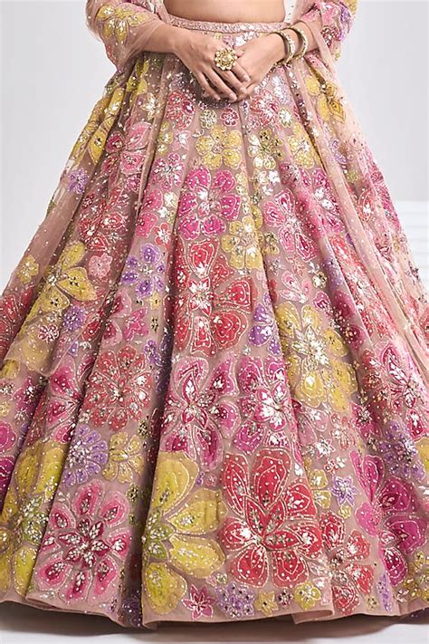 Multi Coloured Net Floral Applique Embroidered Bridal Lehenga Set By