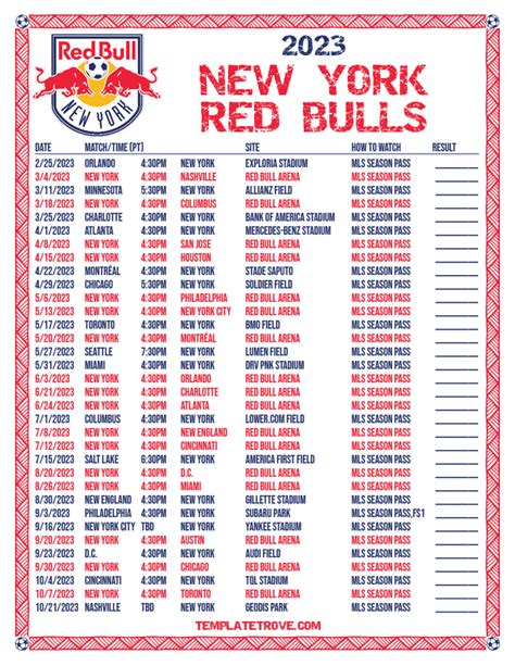 Printable2023 New York Red Bulls Soccer Schedule