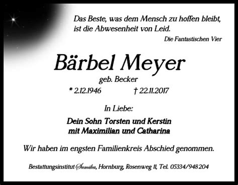 Traueranzeigen von Bärbel Meyer trauer38 de