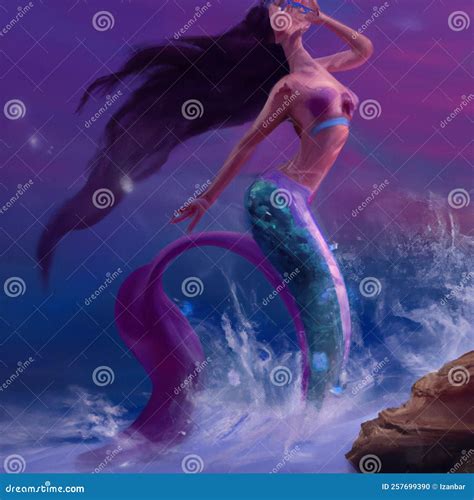 Beautiful Siren Mermaid Jumping Outside The Water Illustration Stock