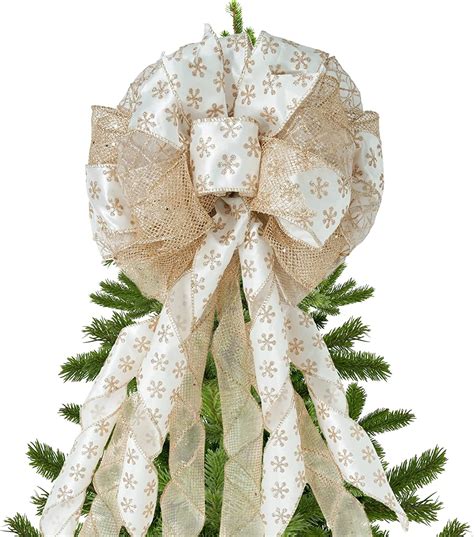 Christmas Tree Topper, 32x12 Inches Large Toppers Bow with Glitter Satin Mesh Streamer Golden ...