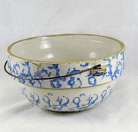 Blue Spongeware Crock Stoneware Bowl W Wire Bail Handle Vintage