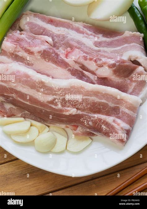 Korean Food Pork Belly And Vegetables Samgyeopsal Stock Photo Alamy