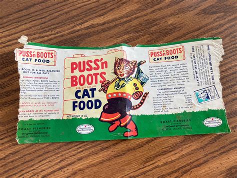 Hard To Find 1950s Pussn Boots Cat Food Paper Label By Quaker Oats 1