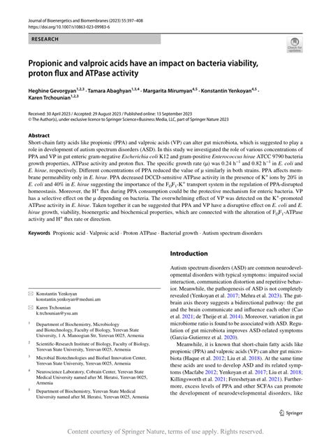 Propionic And Valproic Acids Have An Impact On Bacteria Viability Proton Flux And Atpase