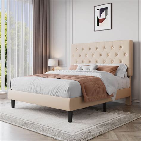 Sha Cerlin Beige Full Size Platform Bed Frame With Adjustable Tufted