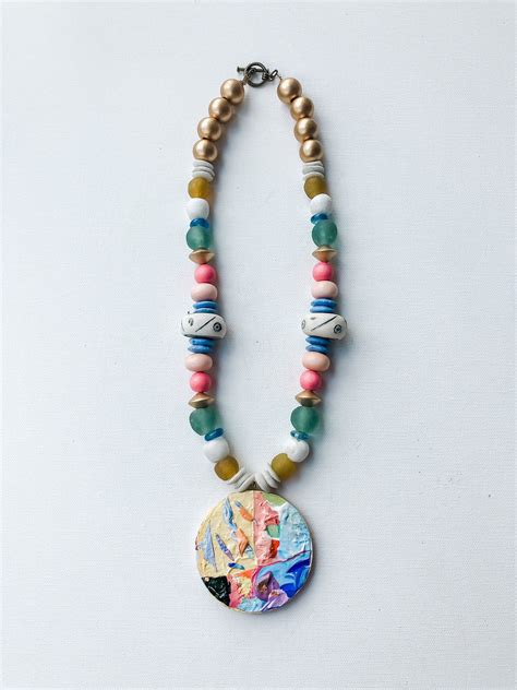 Hand Painted Necklace Art Abstract Handmade Wood Beaded Gold Etsy