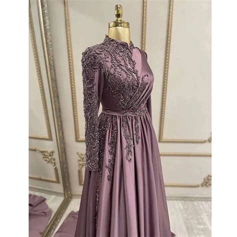 Modest Lace Applique Satin Evening Dresses For Muslim Women Retro Robe