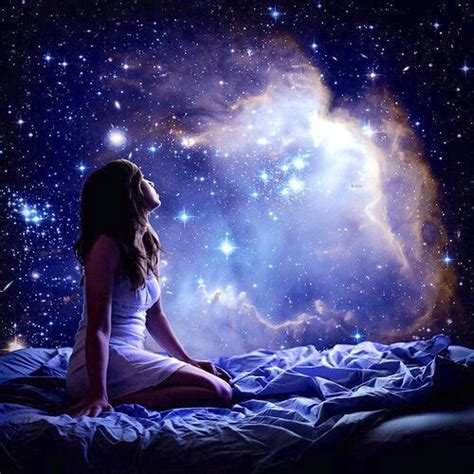 Girl Sitting On Bed Looking At Night Sky And Stars Fantasy Art Art