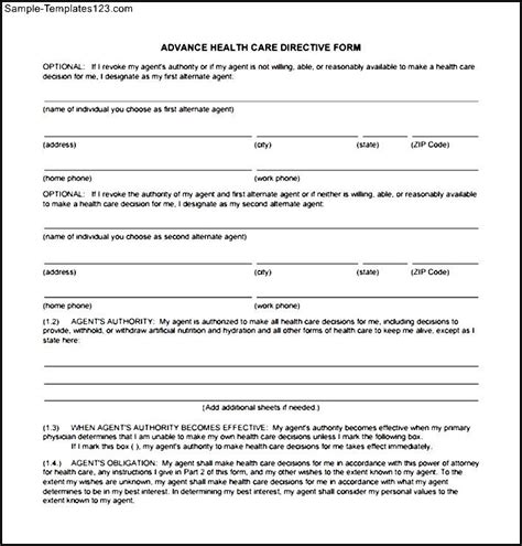 Advance Health Care Directive Form Sample Templates Sample Templates