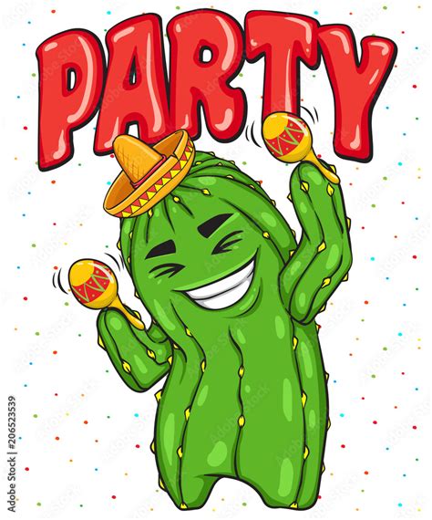 Dancing Green Cactus Party Poster Mascot Of Happy Cactus Character In