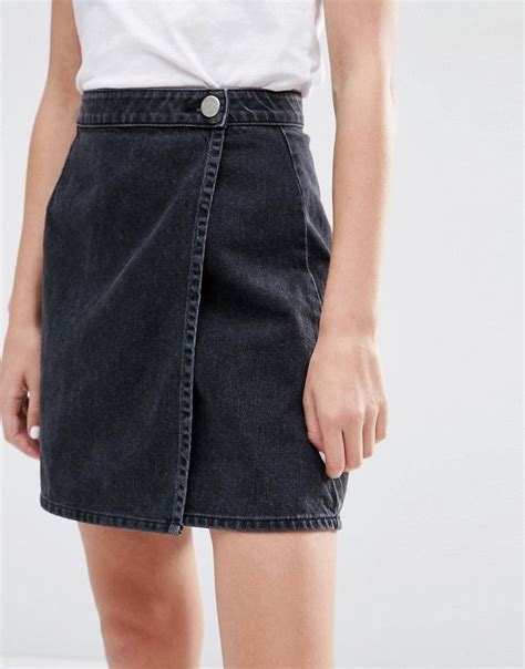 ASOS Denim Wrap A Line Skirt In Washed Black At Asos Denim