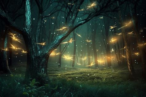 Premium AI Image | Fireflies in a dark forest wallpaper