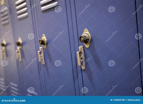 Locked Blue High School Lockers Stock Photo Image Of Building Gold