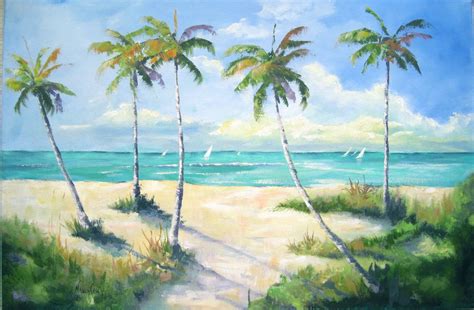 Painting Seascape Sailboats Palm Trees Beach And Ocean Original