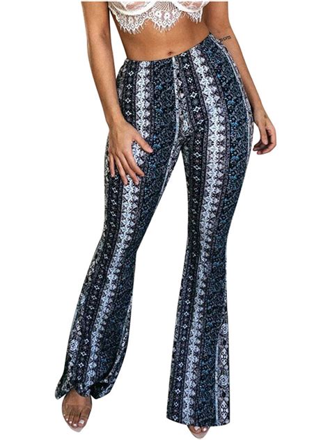 Women Boho Hippie High Waist Printed Wide Leg Pants Long Flared Bottom