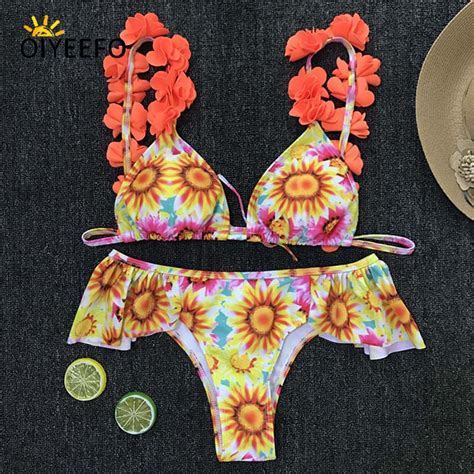 Oiyeefo Ruffle Sunflower Bikini Floral Brazilian Biquine Orange Two