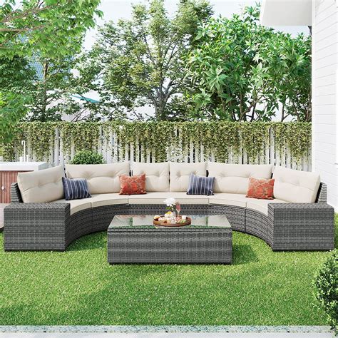 Virubi 8 Piece Half Moon Outdoor Sectional Furniture Cushioned Sofa Set With Rectangular Coffee