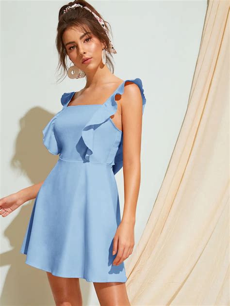 Square Neck Ruffle Trim Tie Back Swing Dress Flowy Short Dress Short Dresses Solid Dress