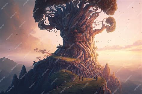 Premium Photo Surreal Giant Tree On Top Of A Hill Detailed Path Up