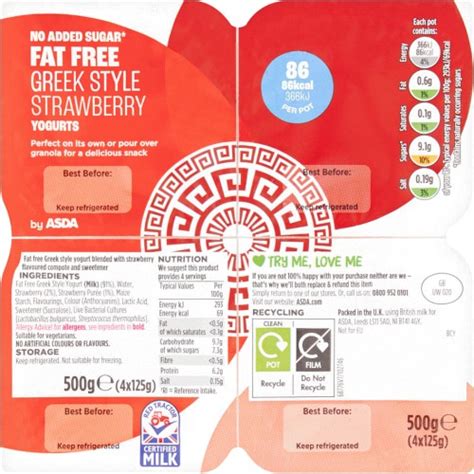 Asda Fat Free Greek Style Strawberry Yogurts 4 X 125g Compare