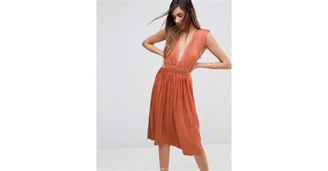 Asos Premium Deep Plunge Pleated Midi Dress In Orange Lyst