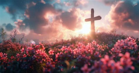 Wooden Cross Silhouetted Against Sunset Over Field Of Pink Flowers