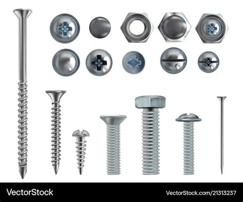 D Realistic Steel Bolts Nails Screws Royalty Free Vector