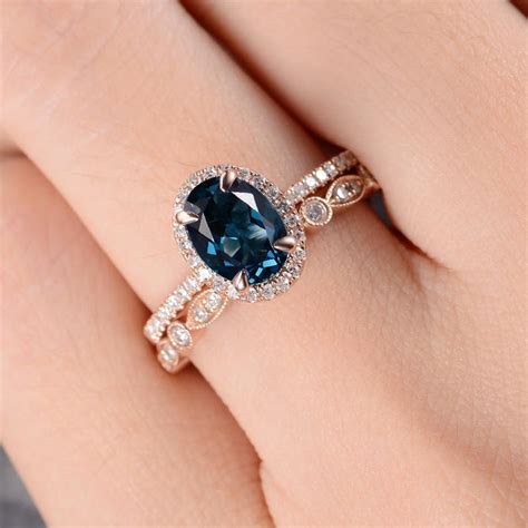 Rose Gold London Blue Topaz Engagement Ring Bridal Set Diamond Etsy