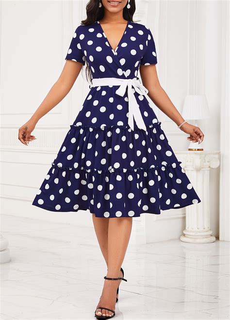 ROTITA Surplice Polka Dot Navy Belted V Neck Dress Rotita USD