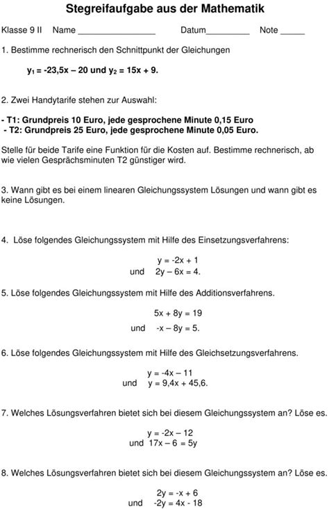 Klassenarbeit Zu Lineare Gleichungssysteme 9 Klasse