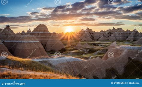 Badlands National Park Sunrays Illuminate Spiky Mounds And Lively