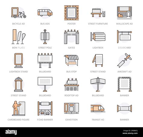 Outdoor Advertising Commercial And Marketing Flat Line Icons