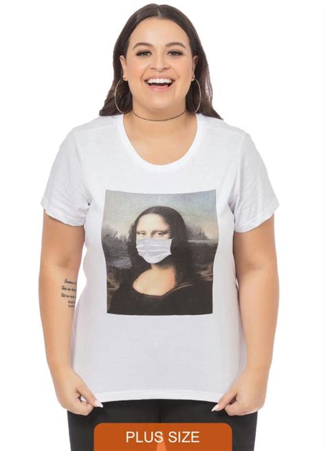 T Shirt Feminina Monalisa De Masc Ra Branco Miss Masy Plus