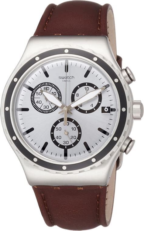 Swatch Men S Chronograph Quartz Watch With Leather Strap YVS437