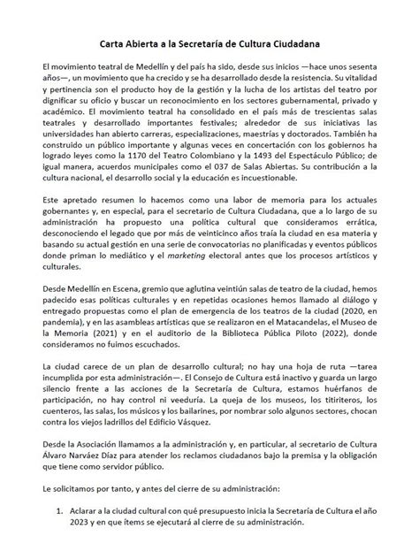 On Twitter Rt Medellinescena Carta Abierta A La