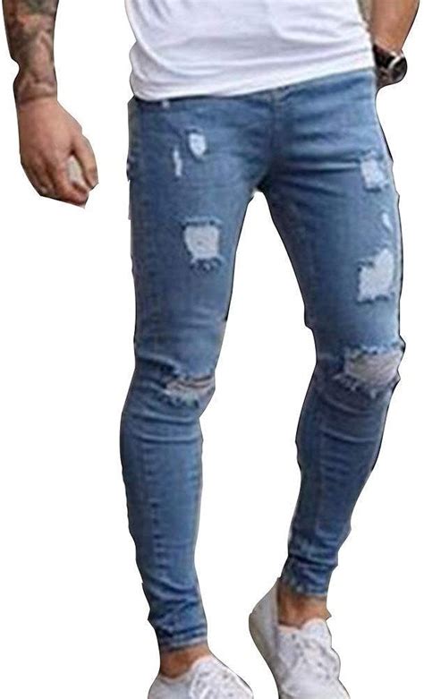 Skinny Jeans Herren Strech Destroyed Löcher Chern Jungen Hose Mit Denim