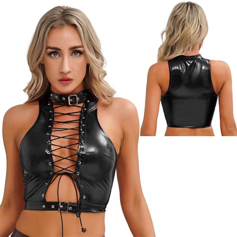 Us Women S Sexy Leather Buckled Crop Tank Tops Lace Up Vest Bra For