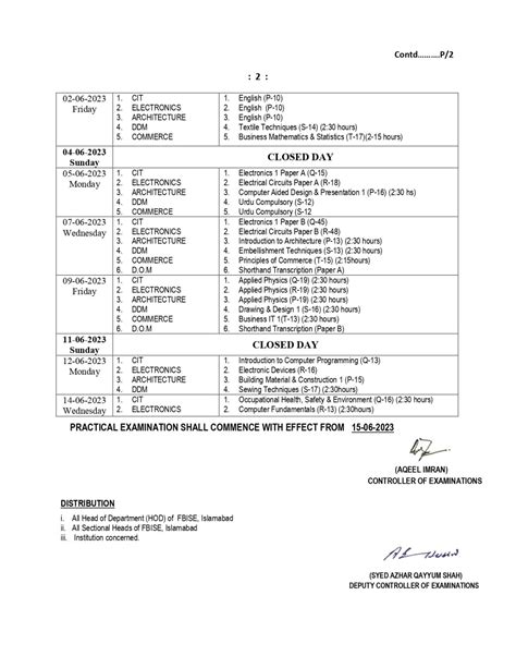 FBISE Date Sheet For Diplomas Annual Exams 2023