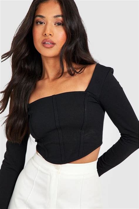 Petite Long Sleeve Dipped Hem Corset Top Boohoo Uk