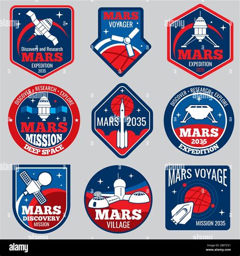 Mars Colonization Vector Retro Space Logos And Labels Set Exploration