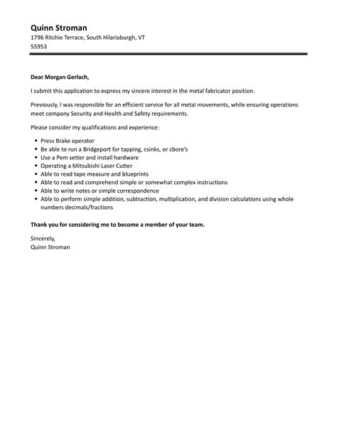 Metal Fabricator Cover Letter Velvet Jobs