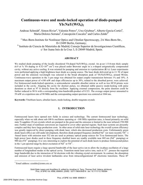 Pdf Continuous Wave And Mode Locked Operation Of Diode Pumped Yb Nay