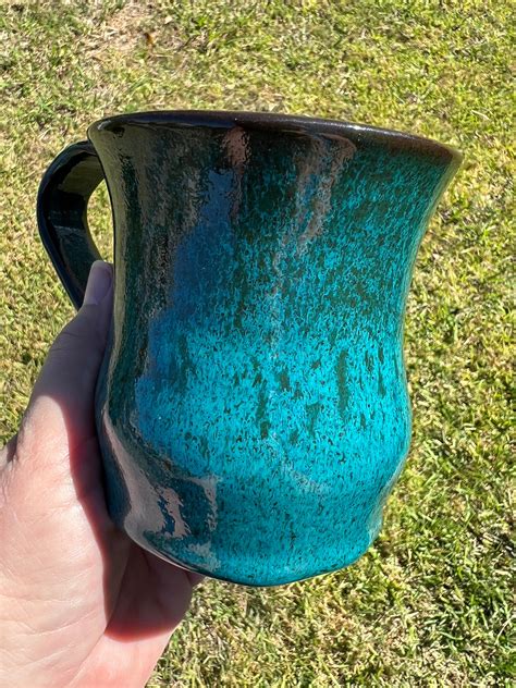 Turquoise Pottery Coffee Cup Made With Brown Clay Etsy