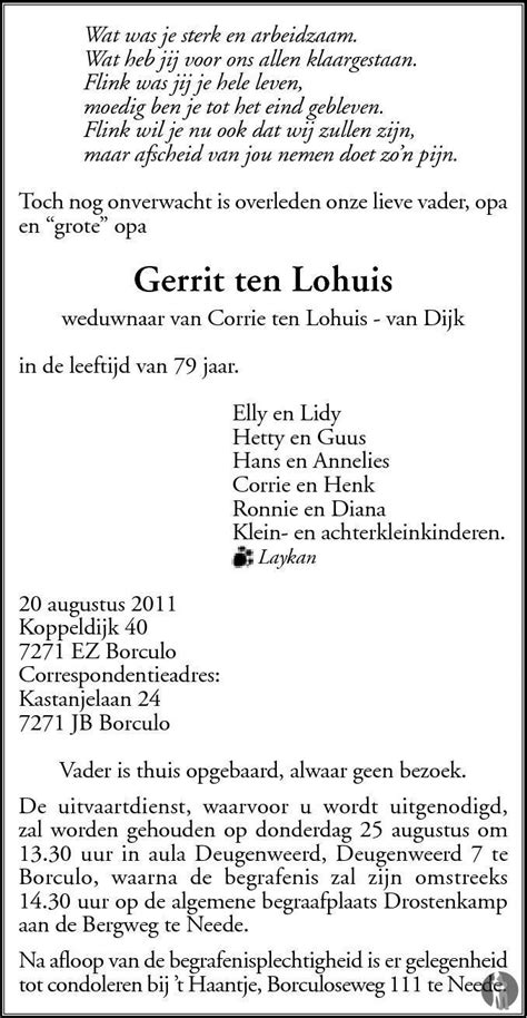 Gerrit Ten Lohuis 20 08 2011 Overlijdensbericht En Condoleances